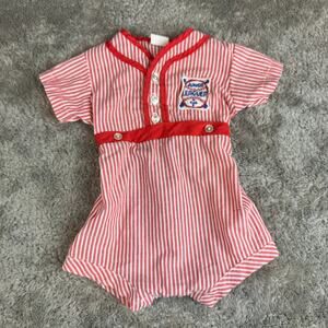 Vintage Baby Outfit Romper Red Seersucker Stripe Baseball 3 Months Newborn Boy